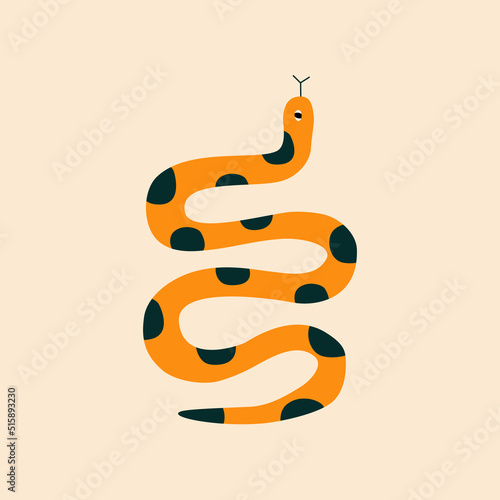 Orange tropical snake hand drawn vector illustration. Isolated exotic jungle serpent in flat style for logo or icon.
