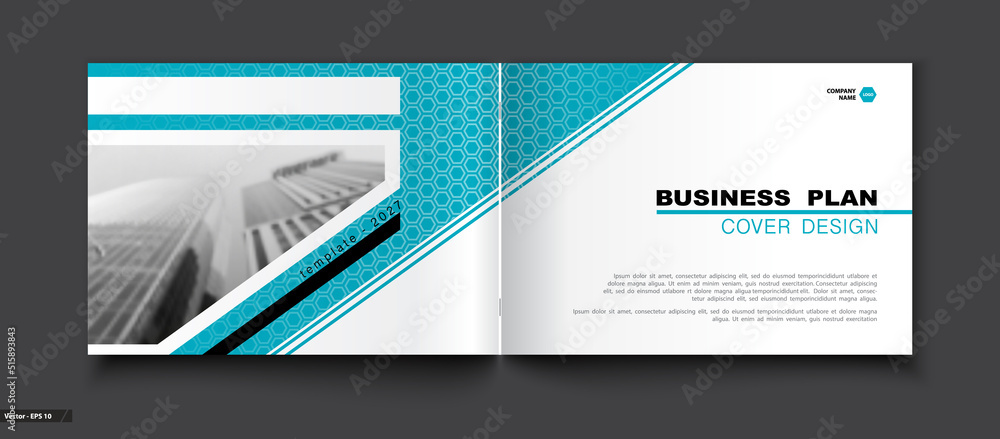 Business brochure cover design blue and white, A4. Hi tech info banner. Title sheet model, set template and postcards. Business card layout.Hexagons textures, text.Quotes, modern vector front page art
