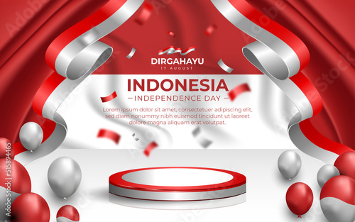 Indonesian Independence Day Landscape Banner Template with Indonesian Flag Background and Podium