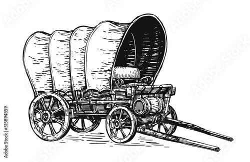 Covered wagon hand drawn sketch vector. Wild West concept. Vintage transport in style of old engraving photo