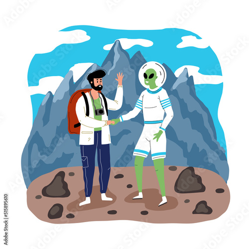 A set of pictures of UFOs and aliens. Meeting with a Martian and kidnapping people. Exploring the spacecraft
