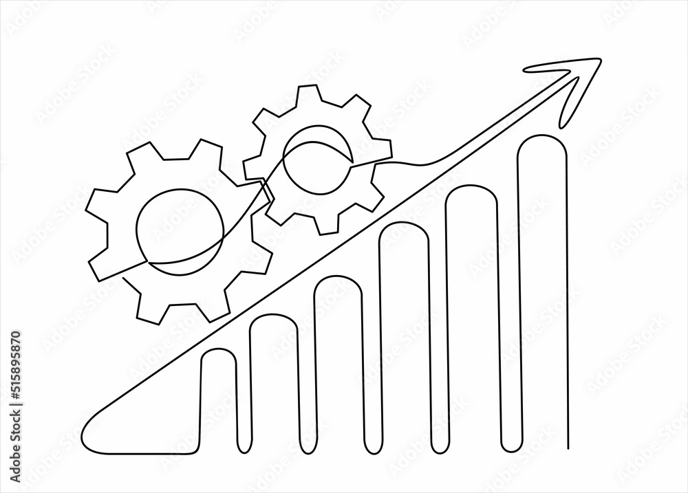 Continuous one single line drawing Productivity bar chart with gear ...