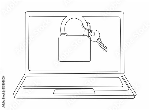 continuous one single line drawing of laptop and padlock with keys on screen as business concept of cyber security