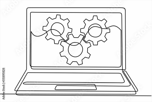 continuous one single line drawing of laptop and gears, Adjusting app options, maintenance, repair, fixing monitor. 