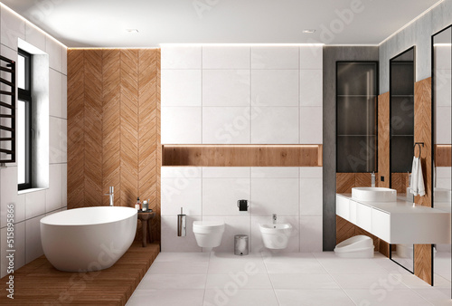 The interior of a modern bright spacious bathroom with a free-standing bathtub. 3d render