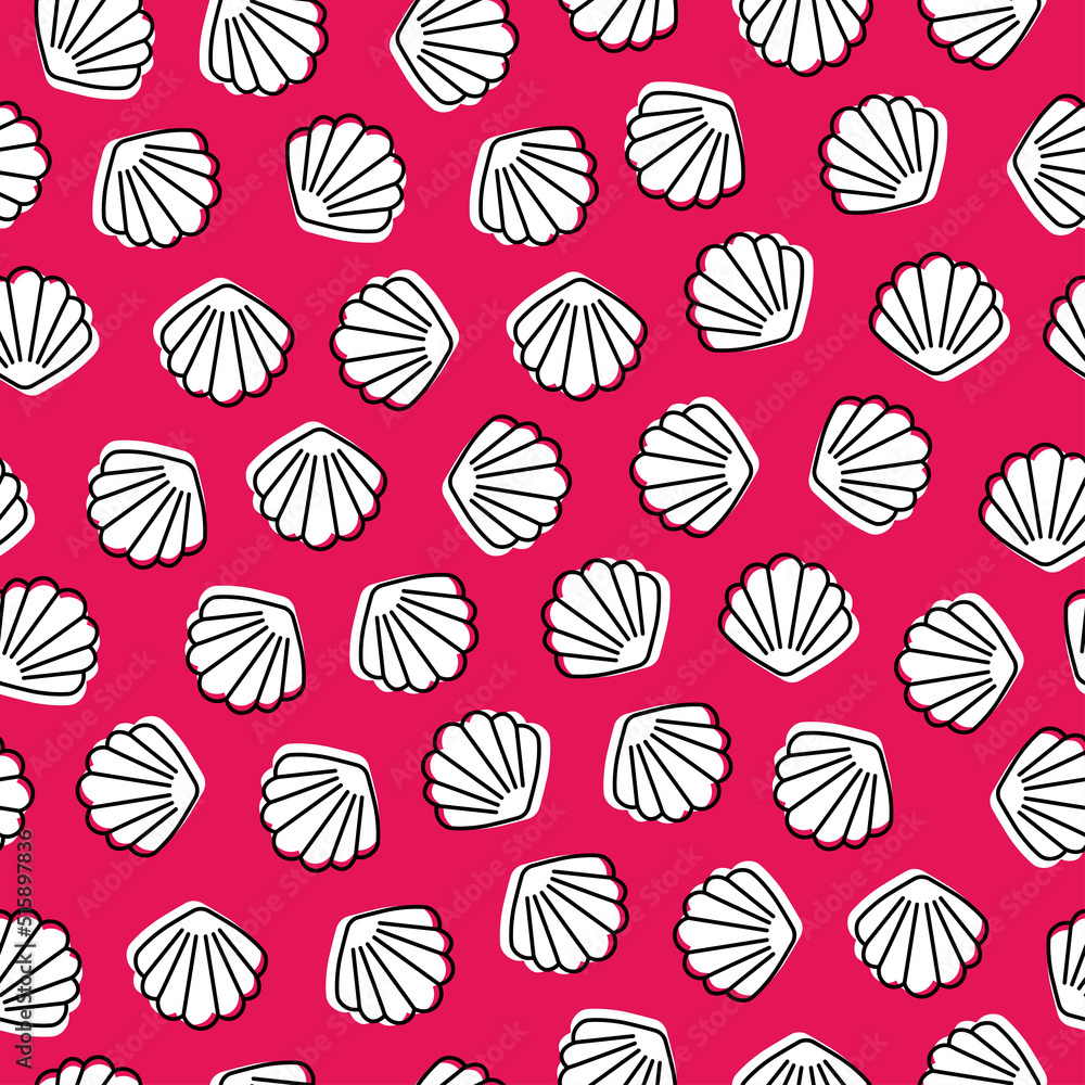 White seashell with pink background seamless pattern. White seashell with pink background seamless pattern.