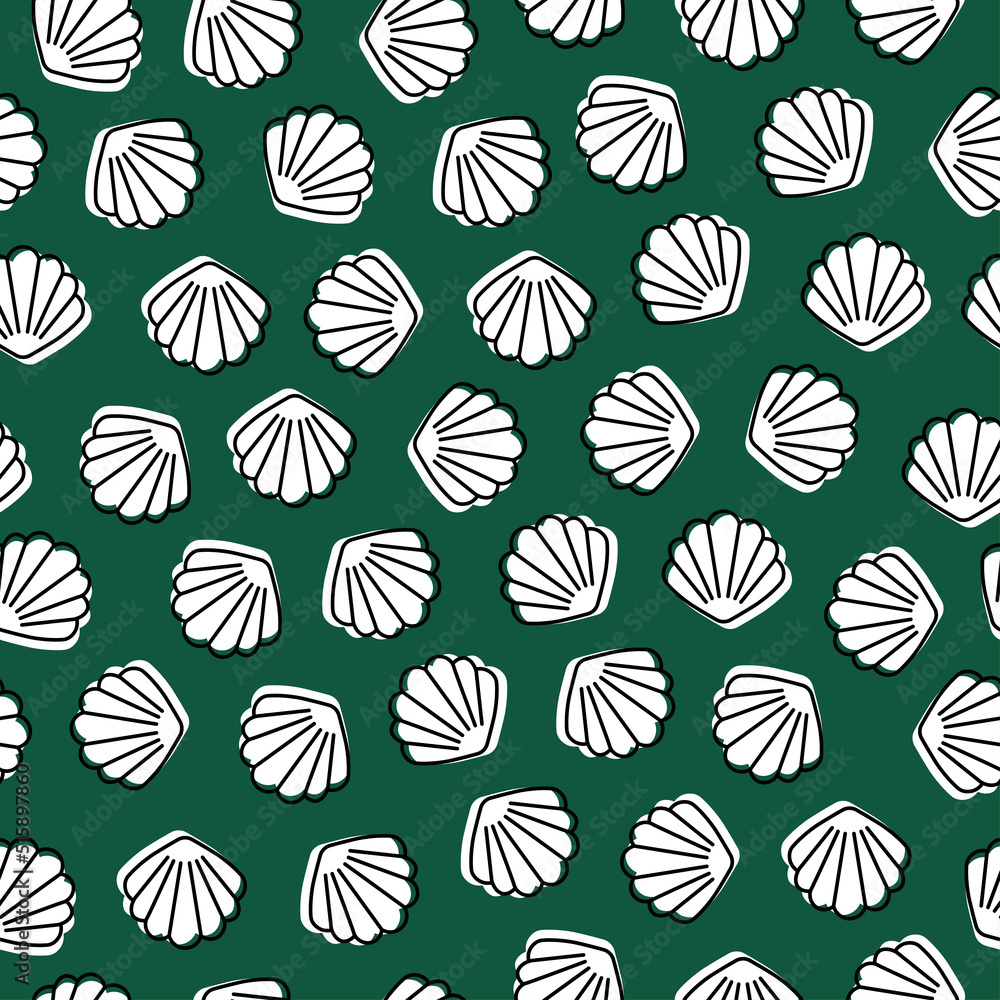 Green seamless pattern with white seashell. Green seamless pattern with white seashell.