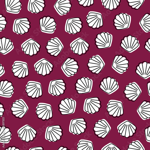 Purple seamless pattern with white seashell.