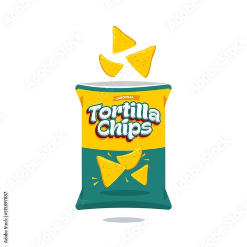 tortilla nacho bag. blue and yellow snack tortilla chip bag plastic packaging design illustration icon for food and beverage business, potato snack branding element logo vector. 