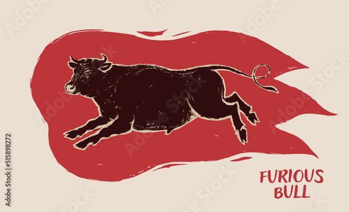 Silhouette of a running bull inside the silhouette of fire, drawing in a graphic style.