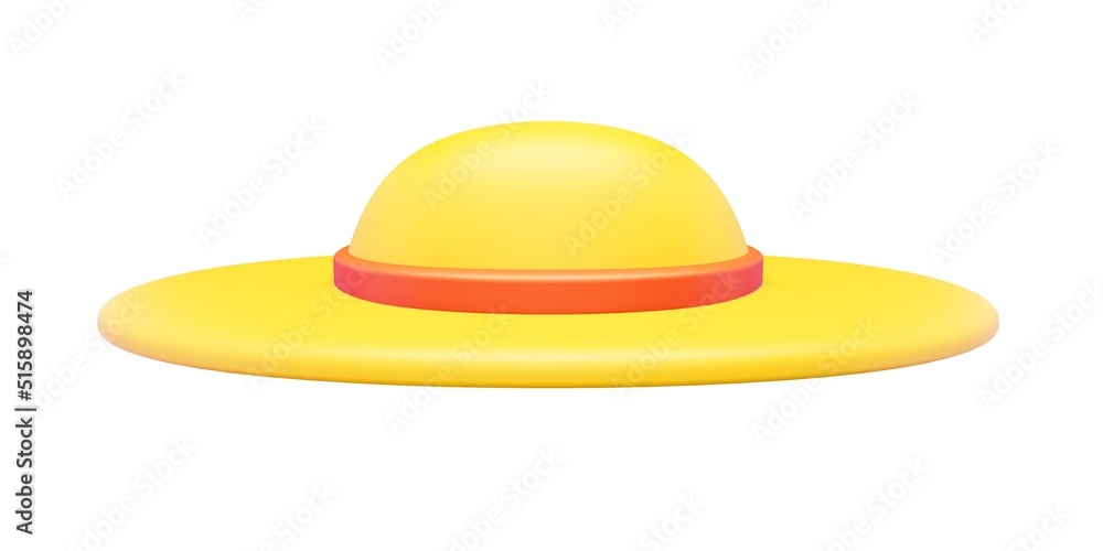 3d render cartoon beach hat. Rendering illustration of yellow travel tropical headdress isolated on white background. Holiday vacation clothing to head. Summer accessory. Classic vintage straw hat. 3d render cartoon beach hat. Rendering illustration of yellow travel tropical headdress isolated on white background. Holiday vacation clothing to head. Summer accessory. Classic vintage straw hat.