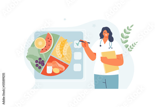 Woman doctor nutritionist with a plate of healthy food. Micronutrients and vitamins, healthy lifestyle concept vector photo