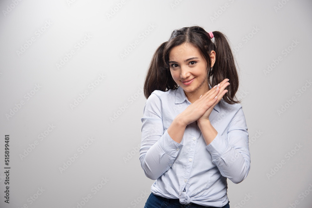 Portrait of young woman in blue blouse posing Portrait of young woman in blue blouse posing