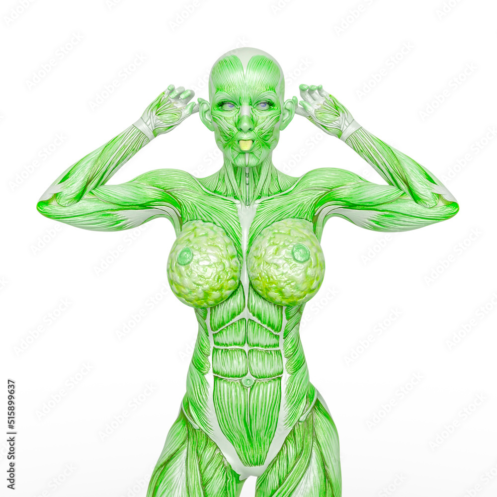 female bodybuilding in muscle maps is doing a funny face in white background female bodybuilding in muscle maps is doing a funny face in white background