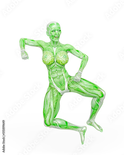 female bodybuilding in muscle maps is doing a weird happy jump in white background