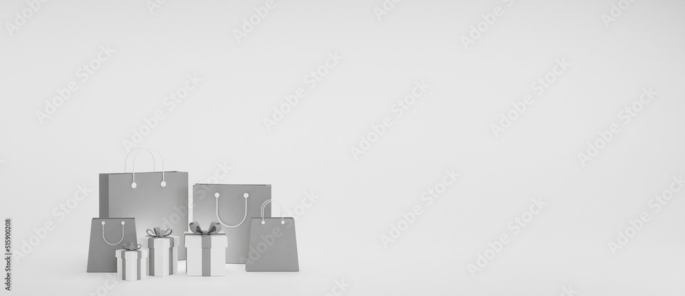 Fototapeta premium White background online shopping on social media app. With gray shopping bag white gift box, suitable for promotion of digital stores,3d illustration