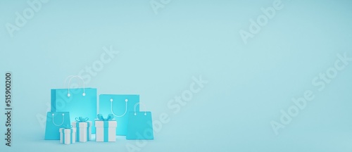 Sky color background online shopping on social media app. With sky color shopping bag white gift box  suitable for promotion of digital stores 3d illustration