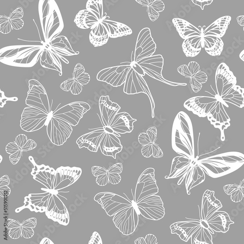 Delicate  buttreflies monochrome gray white seamless pattern   © ReflectedCrafts