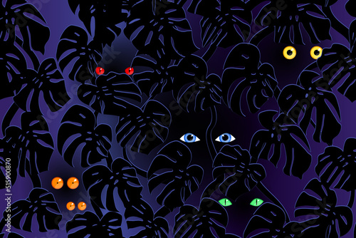The eyes of various creatures at night in the jungle
