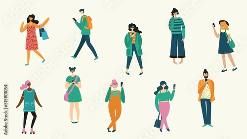 Set of people wearing stylish clothes. Fashionable men and women at fashion week. Group of male and female cartoon characters dressed in trendy clothing. Flat vector illustration.