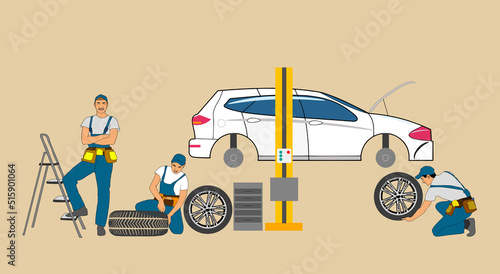 Auto repair service. Car workshop panorama, mechanics team in garage do technical inspection and digital diagnostics automobile, change wheels vector horizontal banner maintenance vehicle concept