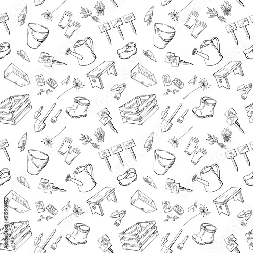 Monochrome seamless pattern with contour hand drawn garden tools, watering can, boots, shovels, seeds. Endless texture with black line art elements on white background. Vector illustration.