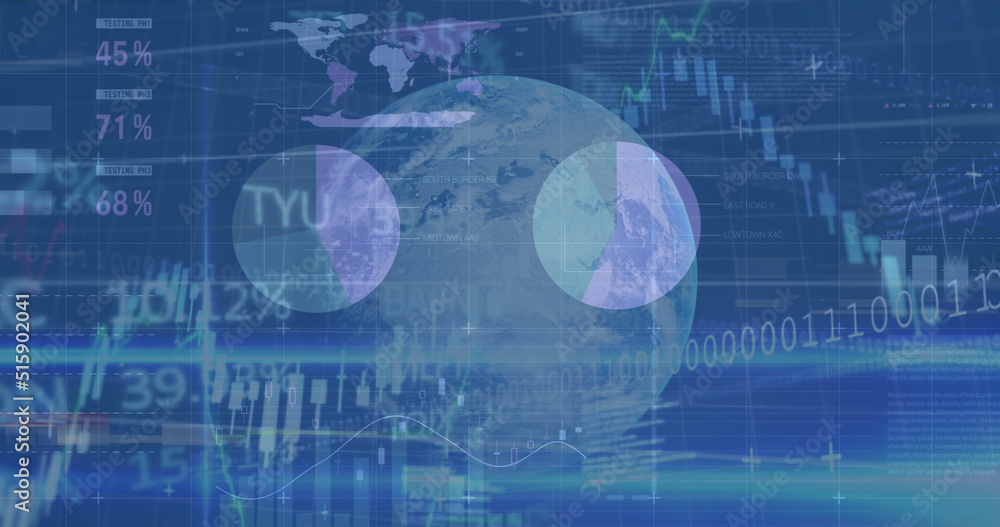 Image of globe and graphs and financial data over blue space Image of globe and graphs and financial data over blue space