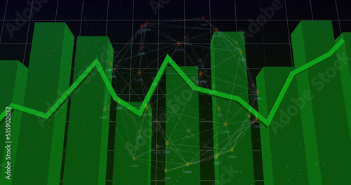 Image of network of connections over financial data processing on black background