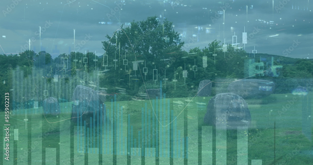 Fototapeta premium Image of data processing over landscape