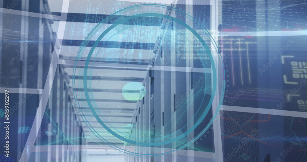 Fototapeta premium Image of digital screens over data processing and server room