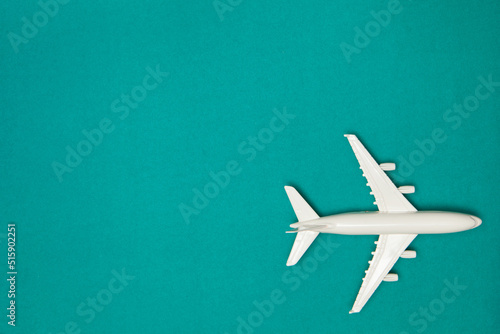Airplane model. White plane on green background. Travel vacation concept. Summer background. Flat lay. © hamara