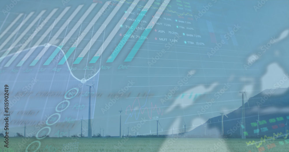 Obraz premium Image of data processing over wind turbines