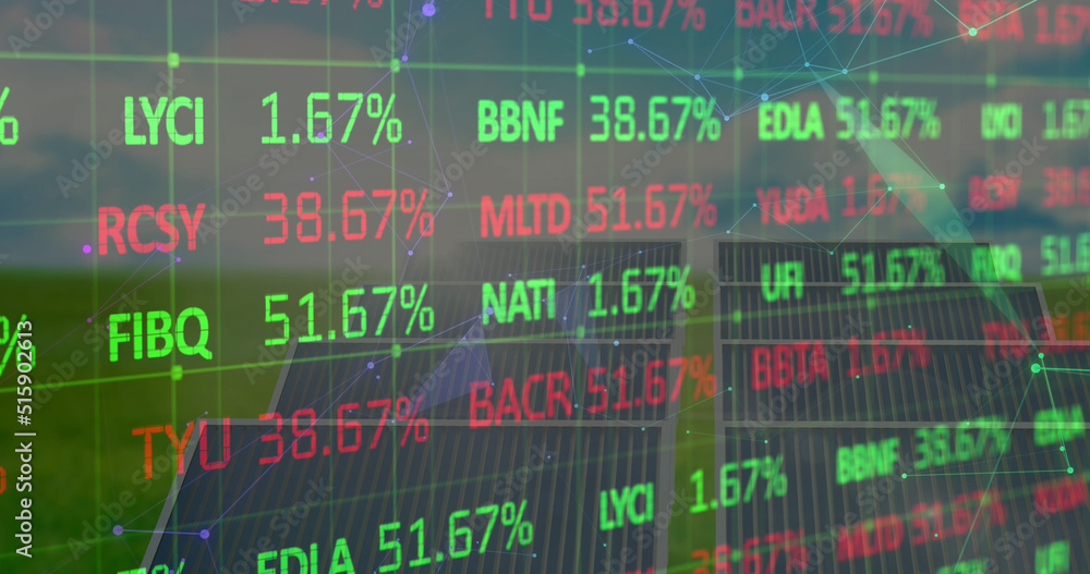 Image of financial data, shapes and graphs over solar panels