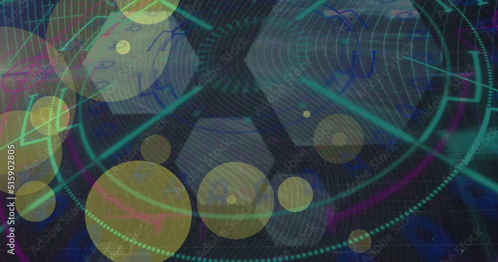 Image of green shapes and icons over data processing on green background Image of green shapes and icons over data processing on green background
