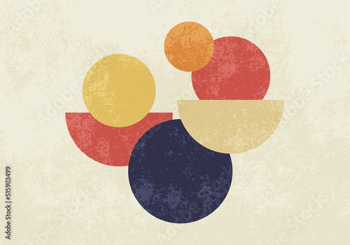 Horizontal poster in modern abstract art style with geometric shapes, circles and semicircles