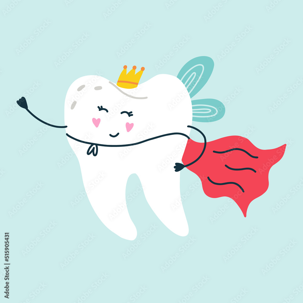 Cute smiling character white tooth super hero with a red cape wearing a gold crown in blue isolated background. Vector flat medicine cartoon character for children design Cute smiling character white tooth super hero with a red cape wearing a gold crown in blue isolated background. Vector flat medicine cartoon character for children design