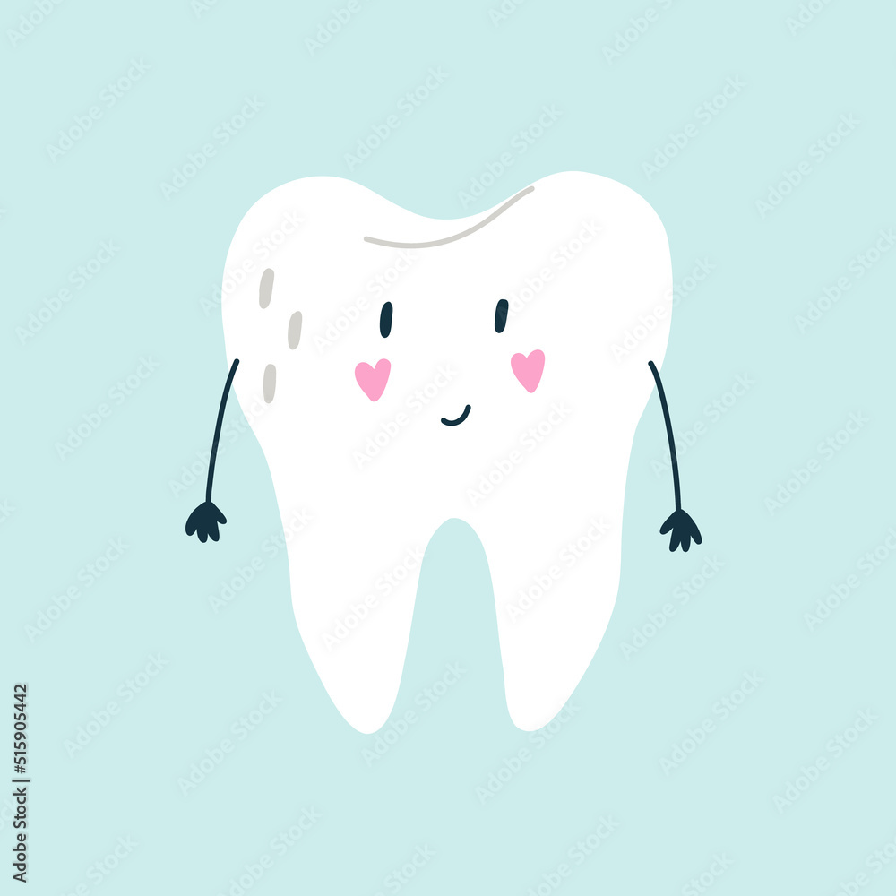 Cute smiling character white tooth with pink cheeks in the shape of hearts in blue isolated background. Vector flat medicine cartoon character for children design Cute smiling character white tooth with pink cheeks in the shape of hearts in blue isolated background. Vector flat medicine cartoon character for children design