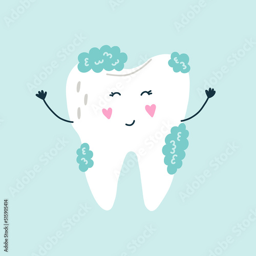 Cute funny character white tooth in tooth foam in blue isolated background. Vector flat medicine cartoon character for children design