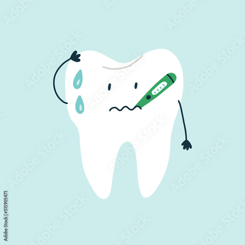 Cute sad character white tooth with a temperature thermometer and drops of sweat in blue isolated background. Vector flat medicine cartoon character for children design
