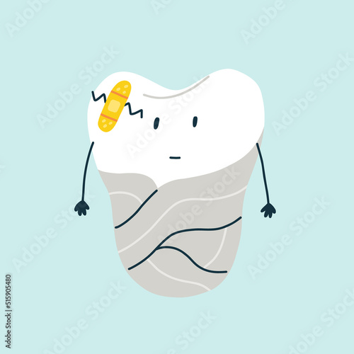 Cute sad character white tooth filled with a crack sealed with a band-aid with yellow plaque in blue isolated background. Vector flat medicine cartoon character for children design