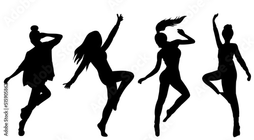 women, girls dancing black silhouette, isolated, vector