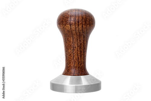 Barista tool for pressing coffee tamper with brown wooden handle, object isolated on white. Barman equipment for pressing down ground coffee, tamper for making espresso coffee front view, nobody.