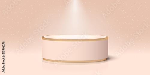 Vector realistic luxury elegant podium and light beam, surrounded glitter. 3D render of a beige and gold cylinder on gradient background. Premium banner with illuminated platform for product showcase