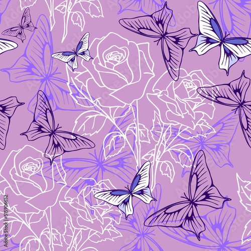 seamless pattern of white graphic roses and purple butterflies on purple background  texter  design