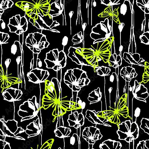seamless pattern of white graphic flowers and lime butterflies on a black background, texter, design