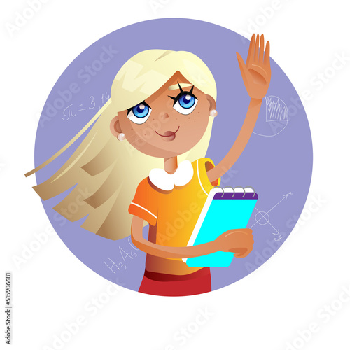 Girl holding a notepad and raising her hand in a lesson at school