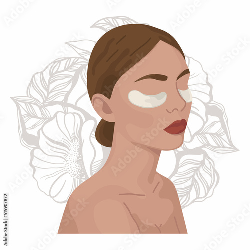 Beautiful girl, model. Hair is collected in a bun. Patches, big lips, red lipstick, makeup. Round drawn background of flowers and leaves. Spa procedures, skin care. Removal of puffiness under the eyes