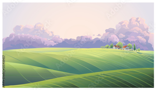 Rural landscape with village, and hills in the evening light, in the pre-stormy state of nature.