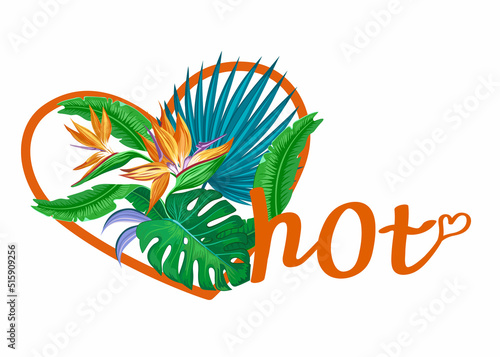 Hot Heart. Heart of tropical leaves with toucan.  