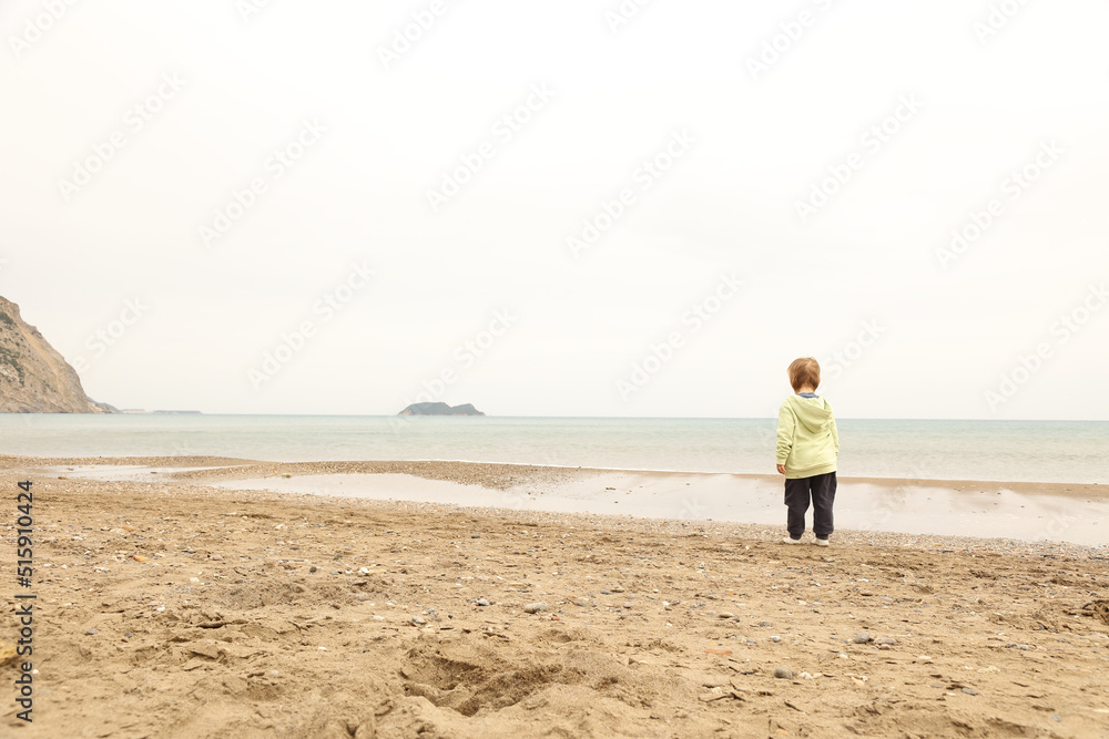A little toddler 3years boy in yellow green cloth is looking to the sea on autumn spring beach. Cloudy day on coast. People from behind.